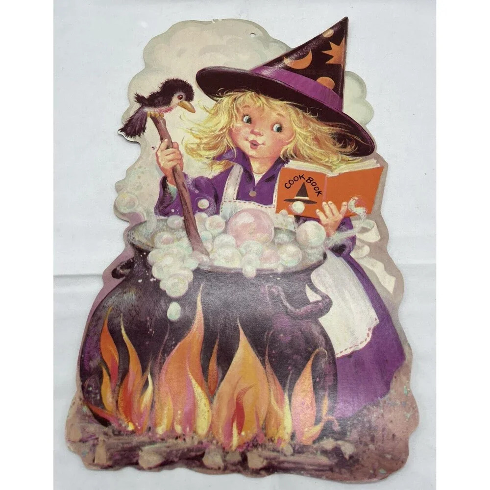 Vintage Halloween Die Cut Decoration Witch Cooking Cookbook Bird Cauldron USA